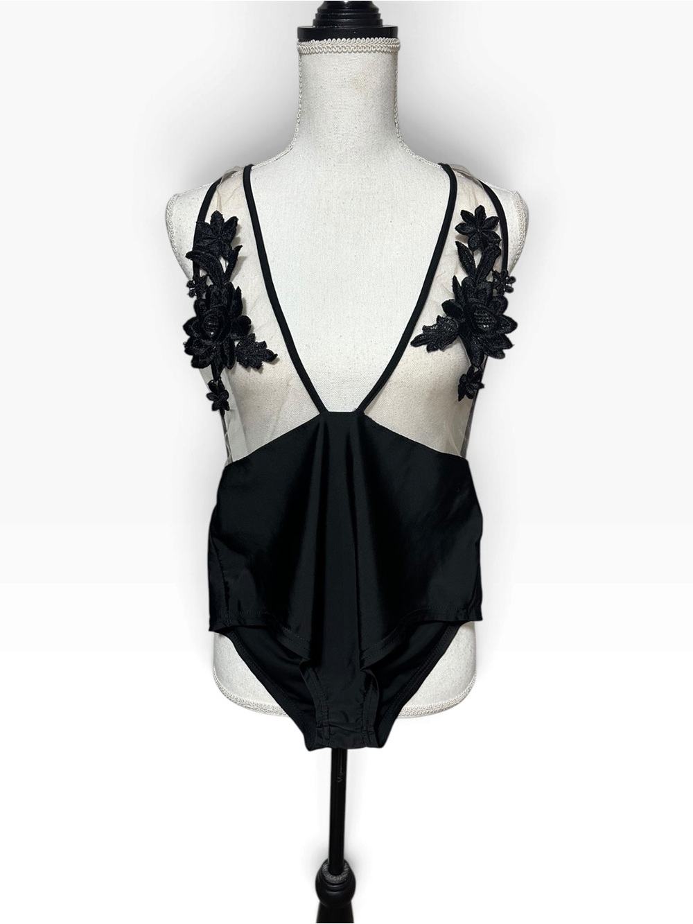 Black Floral Applique Satin Bodysuit